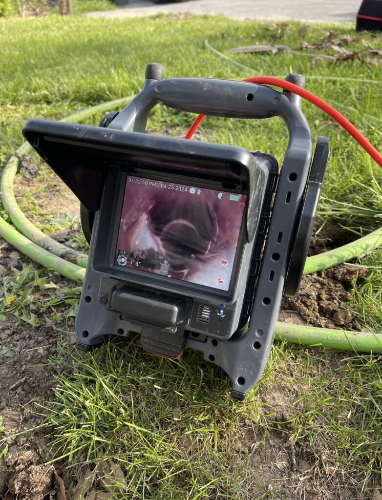 Camera inspection during a sewer line replacement near Lafayette, IN.