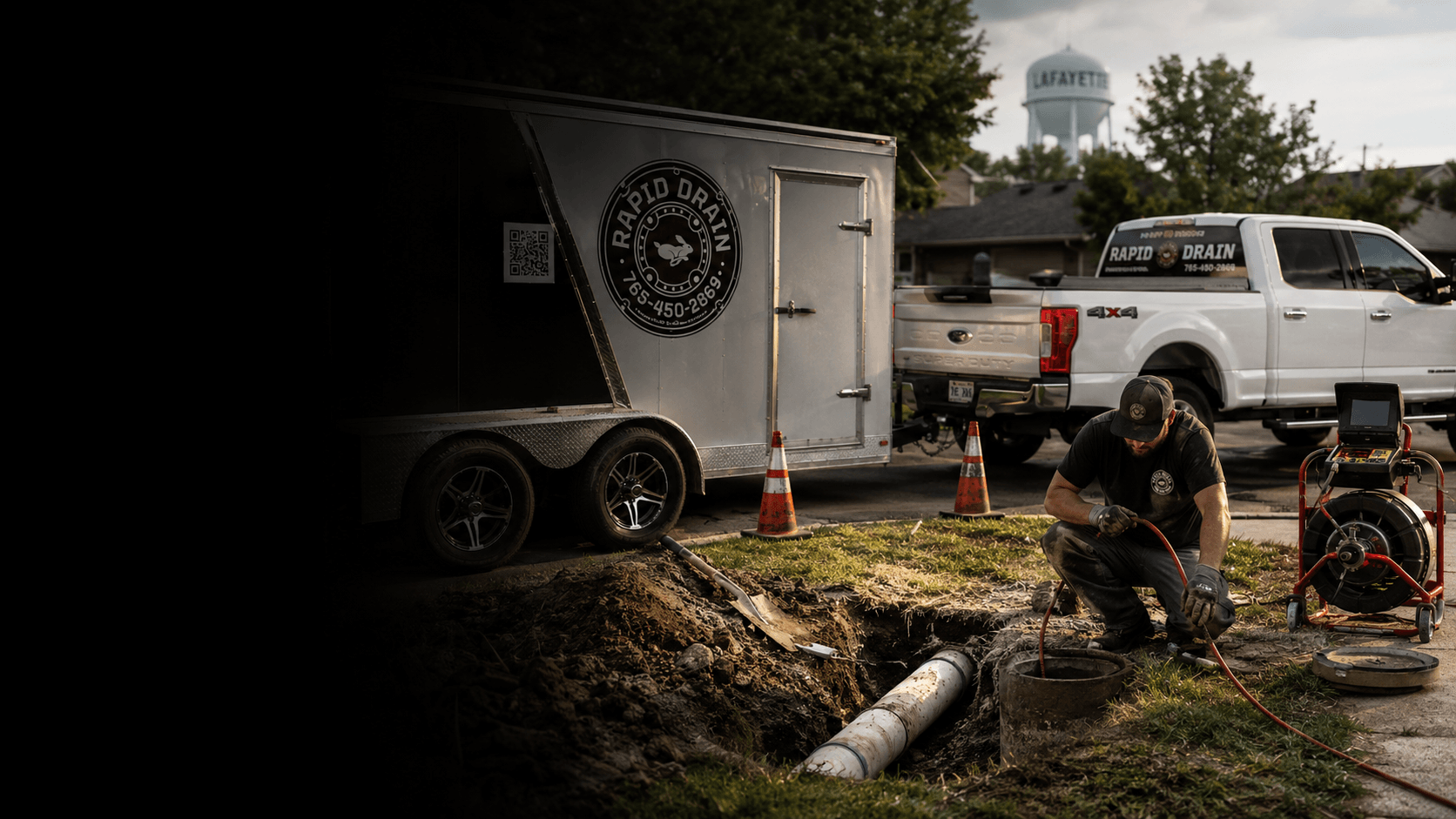 Rapid Drain sewer line repair service truck in Lafayette Indiana